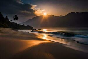 le Soleil monte plus de le océan et vagues. généré par ai photo