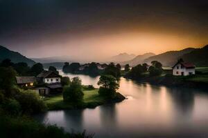 une magnifique le coucher du soleil plus de une rivière et certains Maisons. généré par ai photo