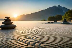 une le sable dune avec rochers empilés sur il à le coucher du soleil. généré par ai photo