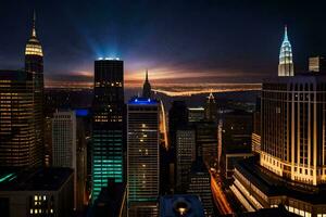 le ville horizon à nuit avec lumières brillant brillamment. généré par ai photo