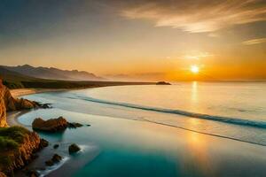 le Soleil monte plus de le océan et le plage dans cette magnifique photo. généré par ai photo