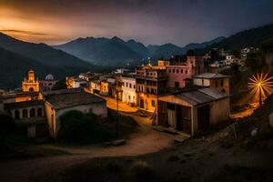 une village dans le montagnes à le coucher du soleil. généré par ai photo