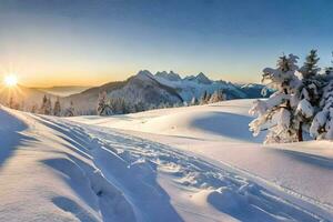 neige couvert montagnes et des arbres à le coucher du soleil. généré par ai photo