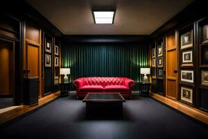 une rouge canapé est assis dans une pièce avec noir des murs et encadré des photos. généré par ai photo
