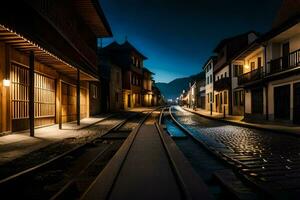 une rue à nuit avec une train Piste et bâtiments. généré par ai photo