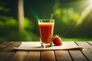 une verre de jus avec des fraises sur une tableau. généré par ai photo