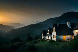 une maison dans le montagnes à le coucher du soleil. généré par ai photo