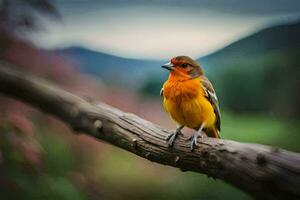 une petit Orange oiseau séance sur une branche. généré par ai photo