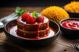 une assiette de Crêpes avec des fraises et fromage. généré par ai photo