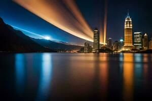 le ville lumières sont réfléchi dans le l'eau. généré par ai photo