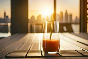 une verre de jus sur une table dans de face de une ville ligne d'horizon. généré par ai photo