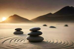 Zen des pierres dans le sable. généré par ai photo