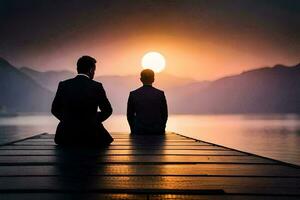 deux Hommes séance sur une Dock à le coucher du soleil. généré par ai photo