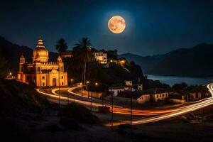 le lune monte plus de une église et une Montagne. généré par ai photo