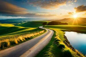 le route à le le coucher du soleil. généré par ai photo