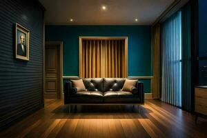 une vivant pièce avec une noir cuir canapé et en bois étages. généré par ai photo