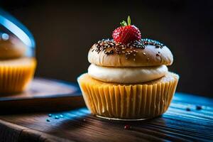 une petit gâteau avec une fraise sur Haut. généré par ai photo