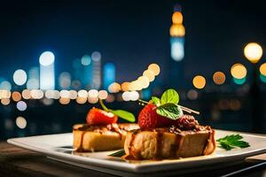 une assiette de nourriture avec des fraises et sauce sur il. généré par ai photo