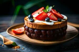 une gâteau avec des fraises et crème sur Haut. généré par ai photo