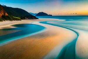 une longue exposition photographier de une plage à le coucher du soleil. généré par ai photo