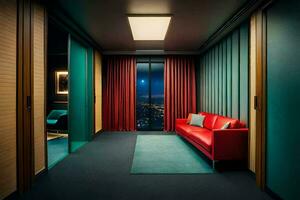 une rouge canapé est assis dans une pièce avec une vue de le ville. généré par ai photo