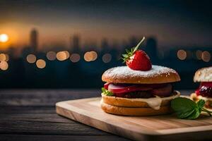 deux hamburgers avec des fraises sur Haut de une en bois planche. généré par ai photo