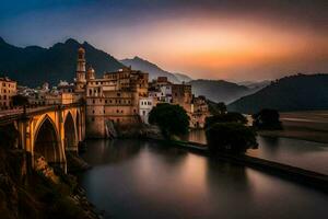 le Soleil ensembles plus de une pont et une Château dans Italie. généré par ai photo