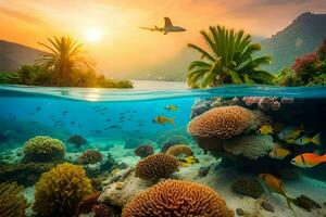 tropical sous-marin scène avec corail récifs et un avion en volant sur. généré par ai photo