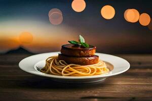 une assiette de spaghetti et Viande sur une en bois tableau. généré par ai photo