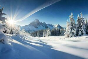 neige couvert des arbres et montagnes dans le Soleil. généré par ai photo