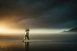 une grenouille est fonctionnement sur le plage à le coucher du soleil. généré par ai photo