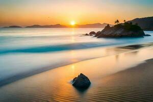 le Soleil ensembles plus de le océan et rochers sur le plage. généré par ai photo