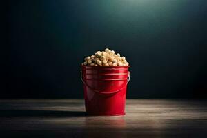 une rouge seau rempli avec pop corn sur une en bois tableau. généré par ai photo