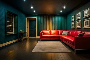 une pièce avec une rouge canapé et bleu des murs. généré par ai photo