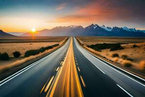 une longue Autoroute avec le Soleil réglage dans le distance. généré par ai photo