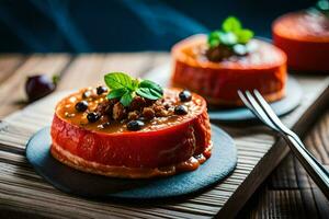 deux tranches de tomate sur une assiette avec une fourchette. généré par ai photo