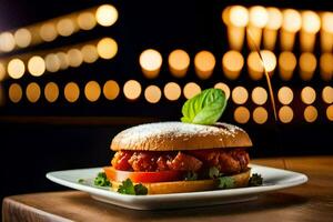 une Hamburger avec tomate et fromage sur une plaque. généré par ai photo