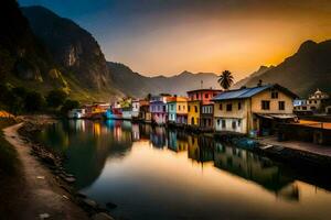 coloré Maisons le long de une rivière à le coucher du soleil. généré par ai photo