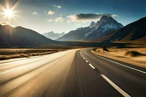 une route dans le milieu de le désert avec montagnes dans le Contexte. généré par ai photo