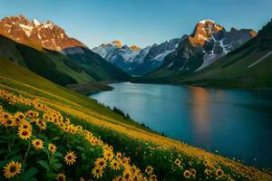 le tournesols sont épanouissement dans le montagnes. généré par ai photo