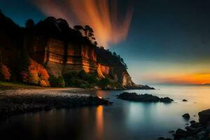 une magnifique le coucher du soleil plus de le océan et falaises. généré par ai photo