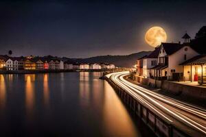 une plein lune plus de une rivière et ville. généré par ai photo