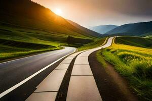 une route dans le montagnes avec une le coucher du soleil. généré par ai photo