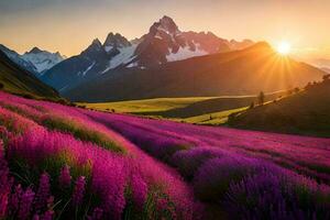 le Soleil monte plus de une lavande champ dans le montagnes. généré par ai photo