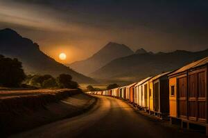 une train ligne court par le montagnes à le coucher du soleil. généré par ai photo