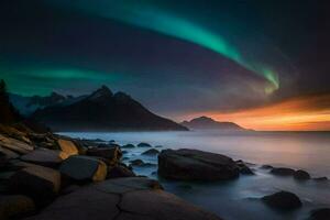le aurore borealis lumières en haut le ciel plus de le océan. généré par ai photo