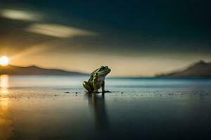 une grenouille séance sur le plage à le coucher du soleil. généré par ai photo