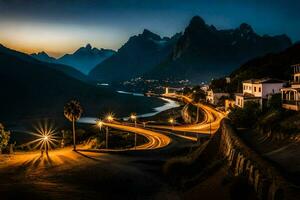 une enroulement route dans le montagnes à nuit. généré par ai photo