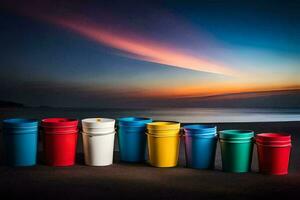 coloré tasses sur le plage à le coucher du soleil. généré par ai photo