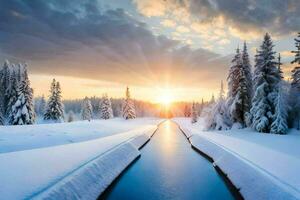 une rivière court par une neigeux forêt à le coucher du soleil. généré par ai photo